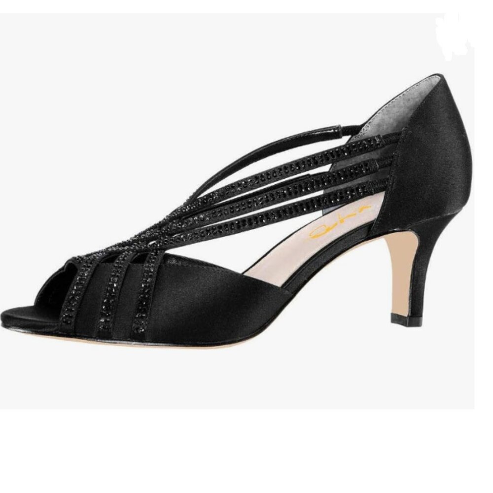 XYD Black Cross Ankle Strap Sandals Peep Toe Rhinestone Kitten Heel Shoes
